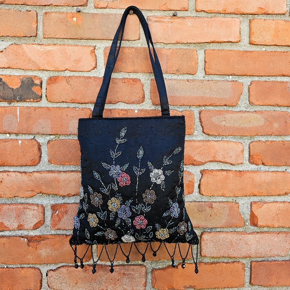 Vintage Floral Embroidered & Beaded Evening Bag | Boho Fringe Purse